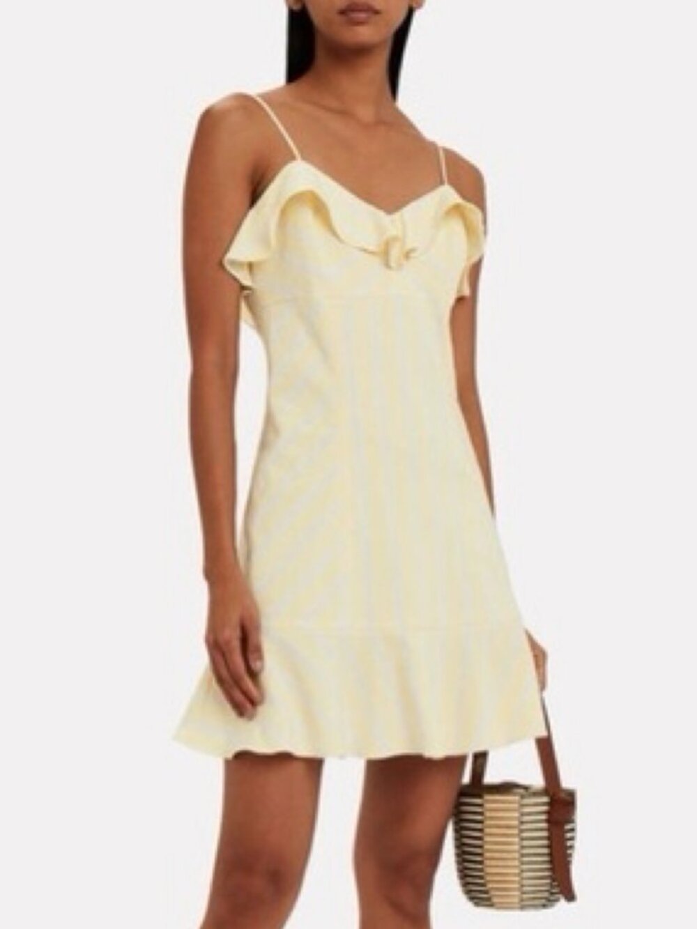 🛍 Intermix Sidney Striped Flounce Ruffled Neck Linen Blend Mini Dress in Yellow
